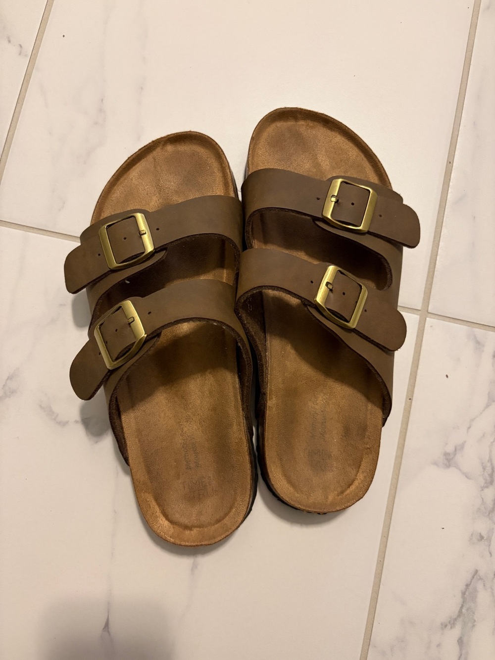 Time and Tru Brown Double-Buckle Slide Sandals
